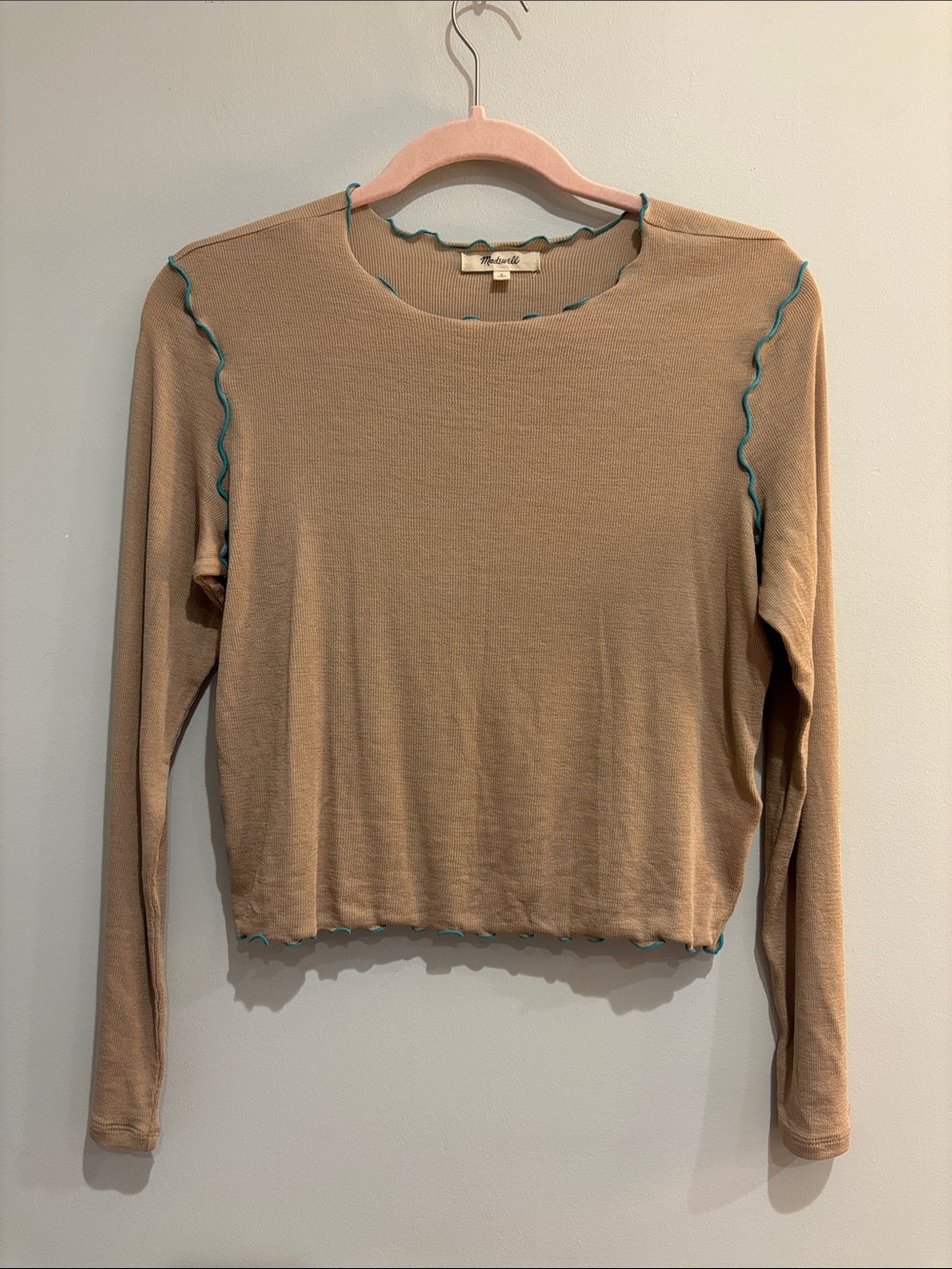 Madewell Contrast Stitched Ribbed Crewneck Crop Tee Tan Teal Small